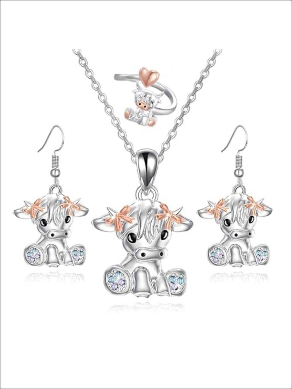 Sterling Silver Highland Cow Jewelry Set with Earrings Ring